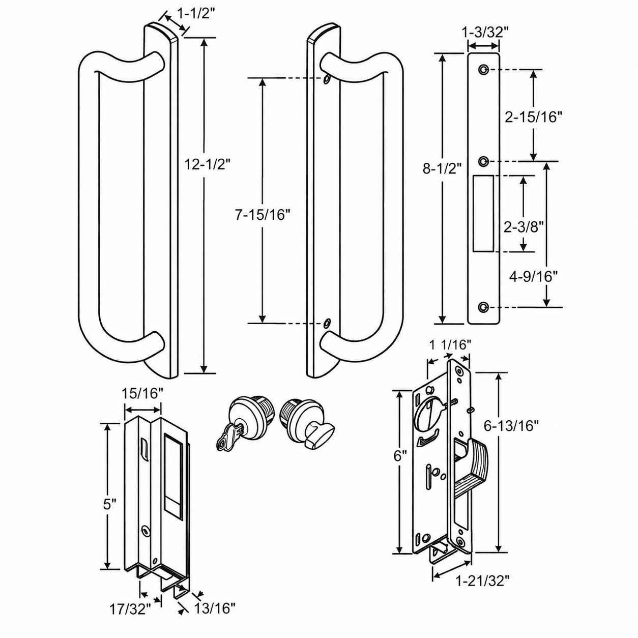 PGT 5400 Series Patio Door Handle Set – 7 ¹⁵⁄₁₆" Screw Spacing – SDH-1275 – Sliding Glass Door Handle - Illustration