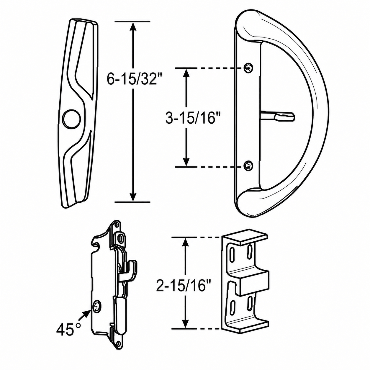 AMESBURY TRUTH Sliding Patio Door Handle – 3 ¹⁵⁄₁₆" Screw Spacing – SDH-1263 – Sliding Glass Door Handle - Illustration AMESBURY TRUTH Sliding Patio Door Handle – 3 ¹⁵⁄₁₆" Screw Spacing – SDH-1263 – Sliding Glass Door Handle - Illustration