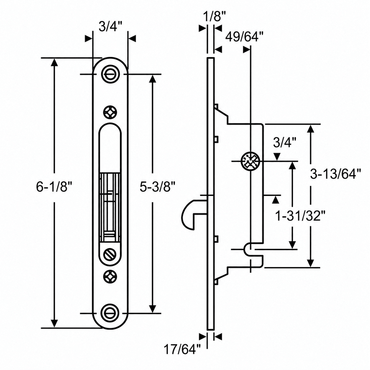 Sliding Glass Door Deadlatch Assembly - 45° with 5-3/8” Hole Center Faceplate - SDL-1332 - Sliding Glass Door Mortise Locks